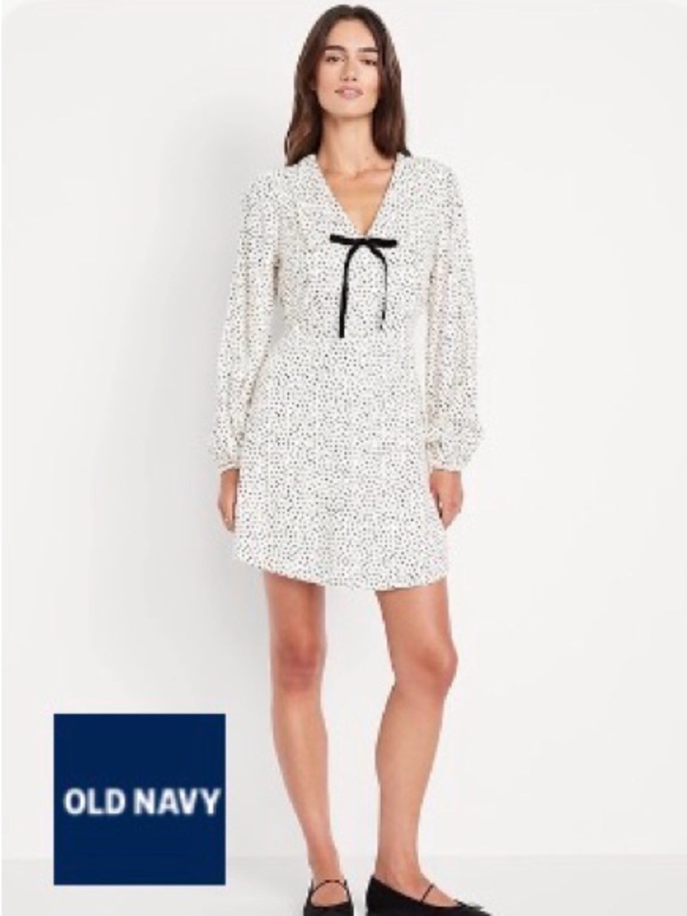 Old Navy White Mini Dress with Black Dot Print and Bow